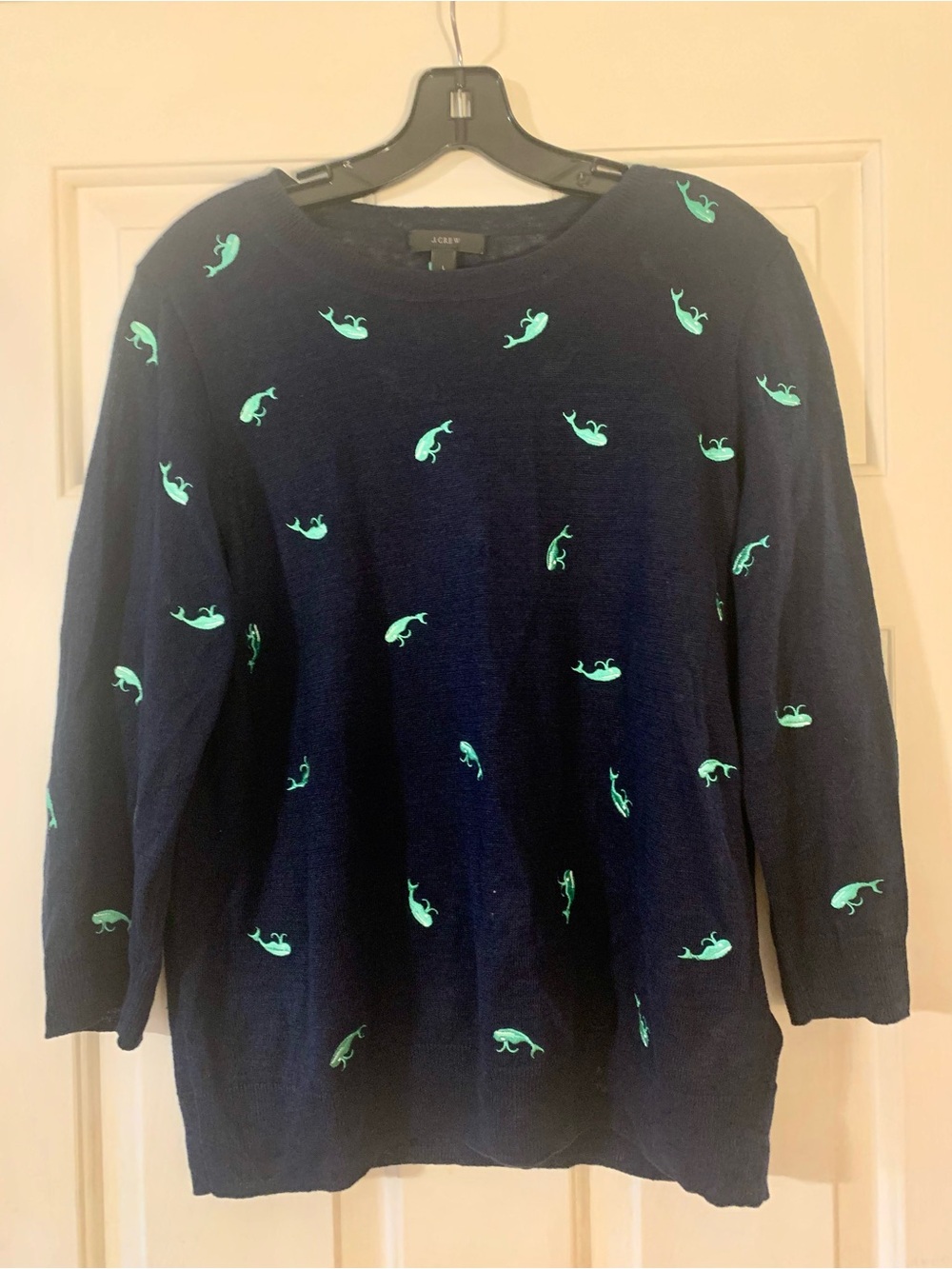 J. Crew Navy Crewneck Sweater with Aqua Whale Motif